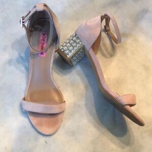Moved Betsey Johnson Suede ankle strap pearl embellished chunky heel sandals
